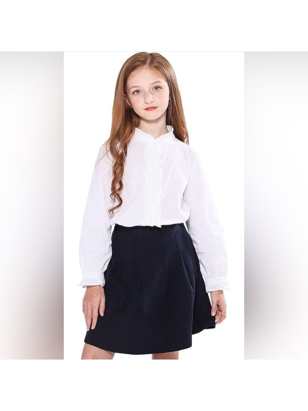SOLOCOTE Girls White Blouse Ruffle Long Sleeve Button Down Cotton Loose Soft Top